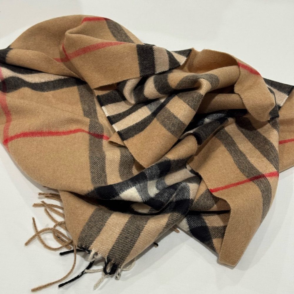 Burberry Tan and Black Checkered Scarf with Fringe - Picture 2 of 4
